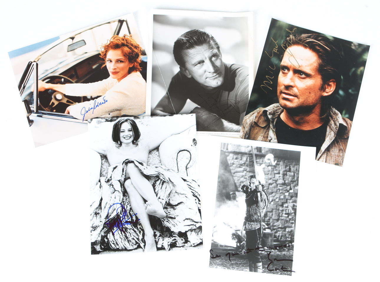 AUTOGRAFER, 5 st, Michael Douglas, Kirk Douglas, Kevin Costner, Julia Roberts, Jodie Foster.