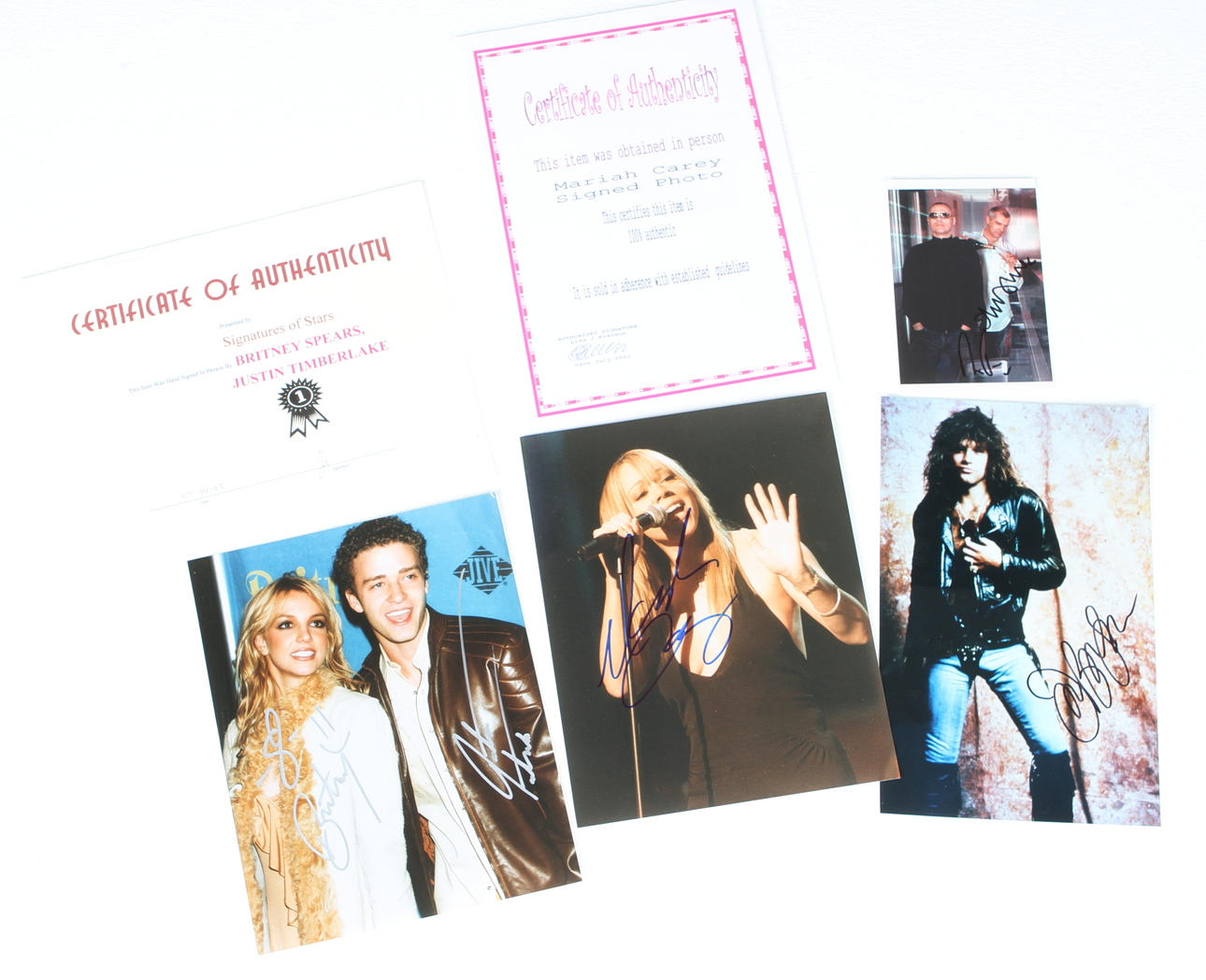 AUTOGRAFER, 5 st, Justin Timberlake, Britney Spears, Mariah Carey, John Bon Jovi, Pet Shop Boys.
