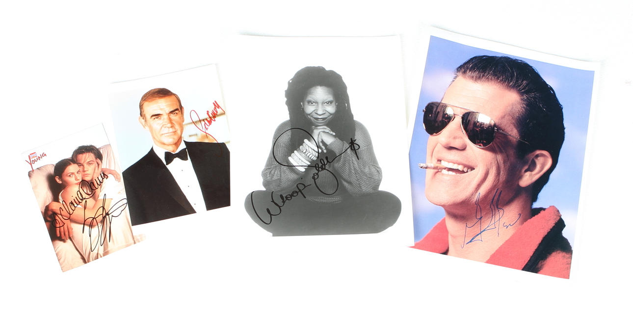 AUTOGRAFER, 5 st, Sean Connery, Leonardo Di Caprio, Claire Dames, Whoppi Goldberg, Mel Gibson.