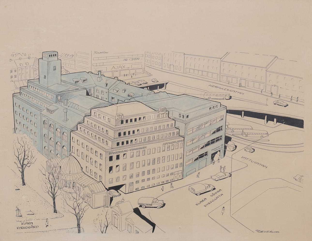 GEORGE BEVERLOO. mixed media, ''Klarakvarteren'', signed.