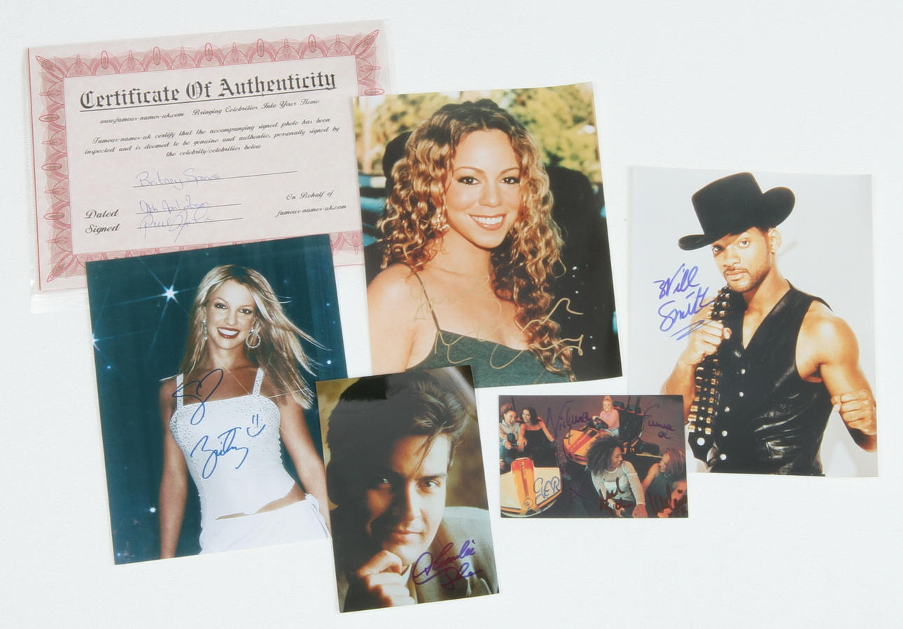 AUTOGRAFER, 9 st, Mariah Carey, WIll Smith, Charlie Sheen, Britney Spears, Spice Girls.
