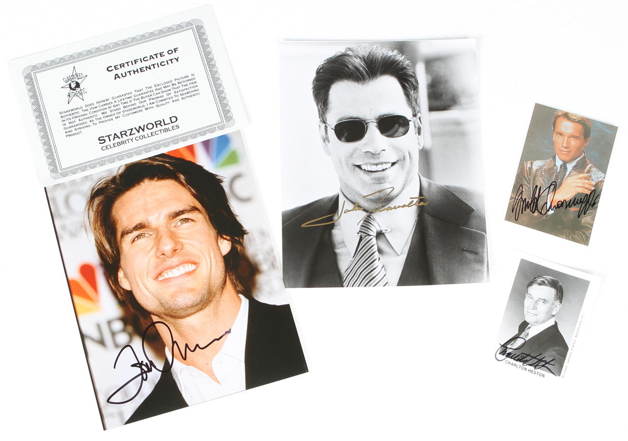 AUTOGRAFER, 4 st, John Travolta, Charlton Heston, Arnold Schwarzenegger, Tom Cruise.