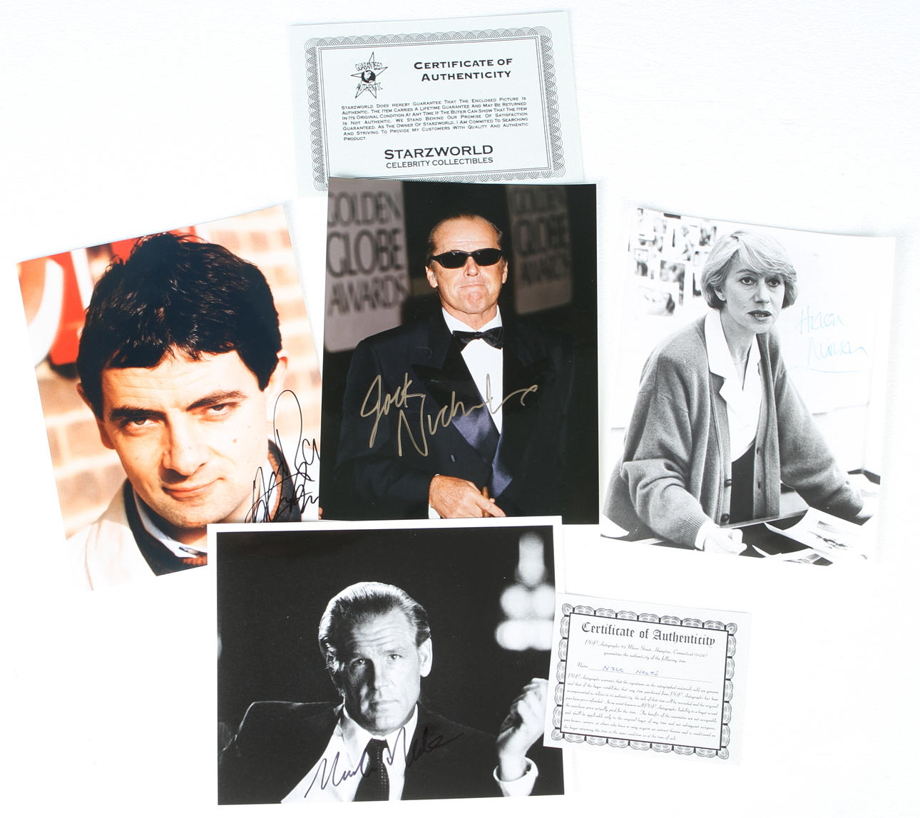 AUTOGRAFER, 4 st, Jack Nicholson, Rowan Atkinson, Helen Mirren, Nick Nolte.