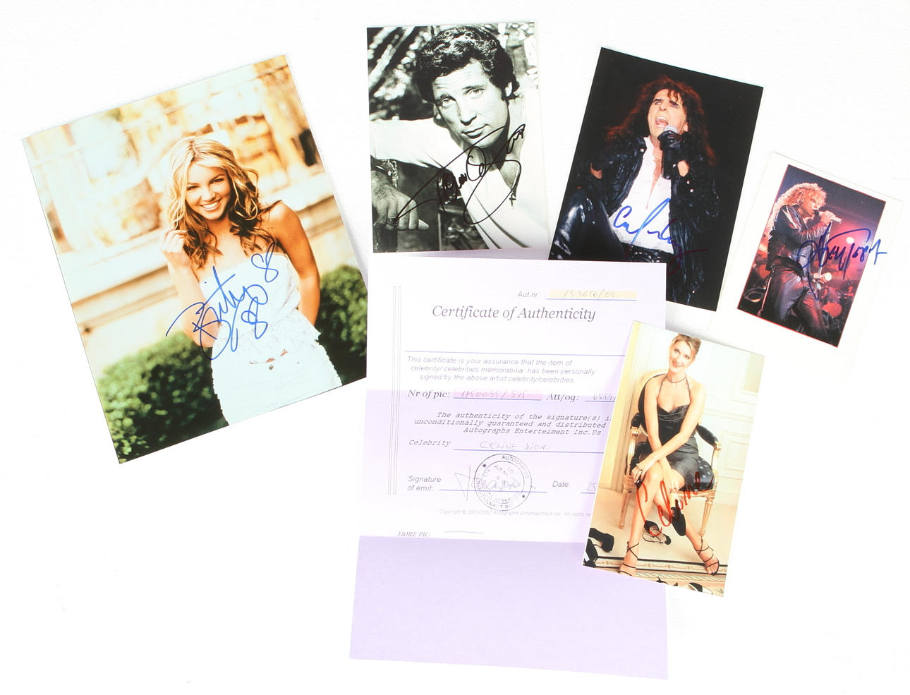 AUTOGRAFER, 5 st, Tom Jones, Joey Tempest, Britney Spears, Alice Cooper, Celine DIon.