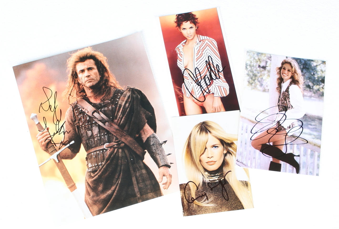 AUTOGRAFER, 4 st, Mel Gibson, Julia Roberts, Claudia Schiffer, Halle Berry.