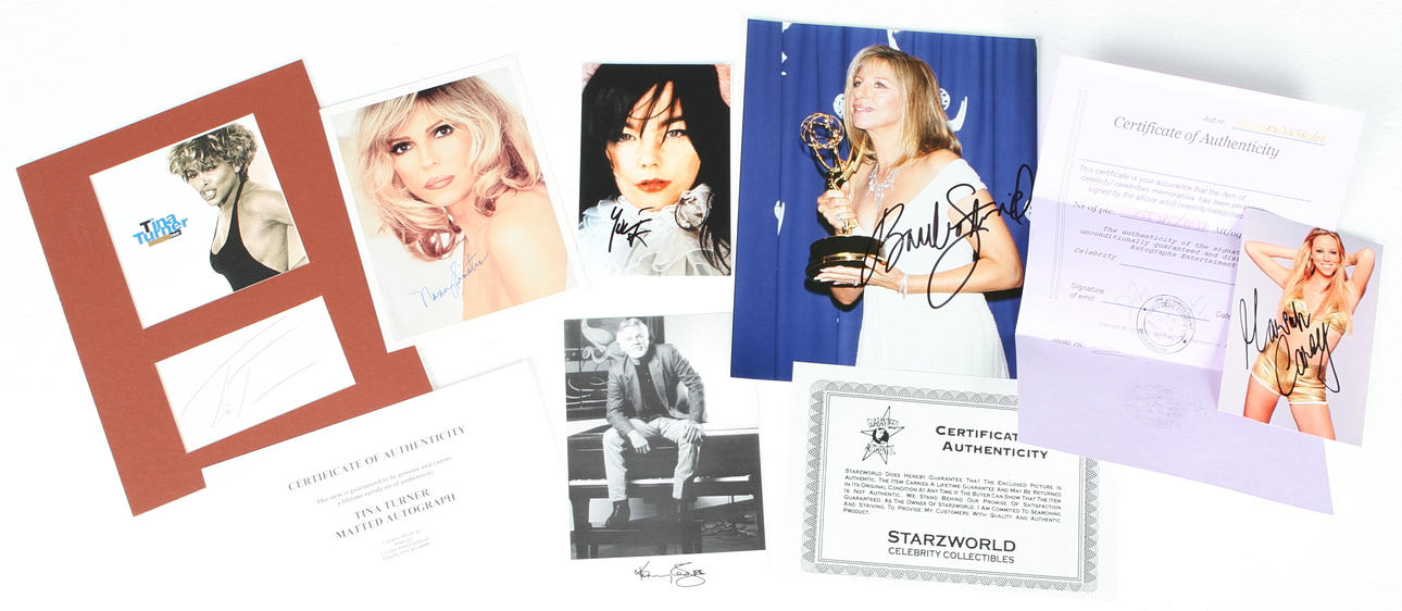 AUTOGRAFER, 6 st, Barbara Streisand, Kenny Rogers, Nancy Sinatra, Tina Turner, Björk, Mariah Carey.