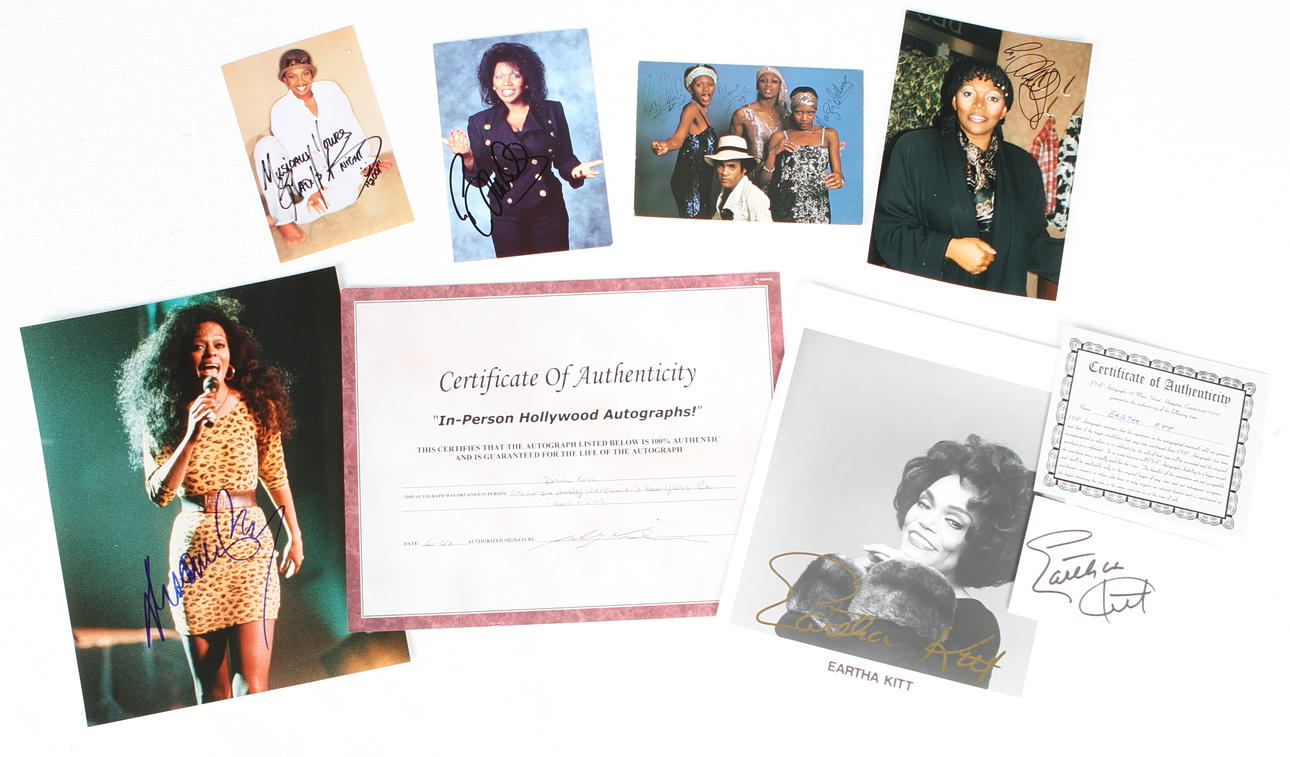 AUTOGRAFER, 10 st, Eartha Kitt x 2, Gladys Knight, Boney M, Liz Mitchell x 2, Diana Ross.