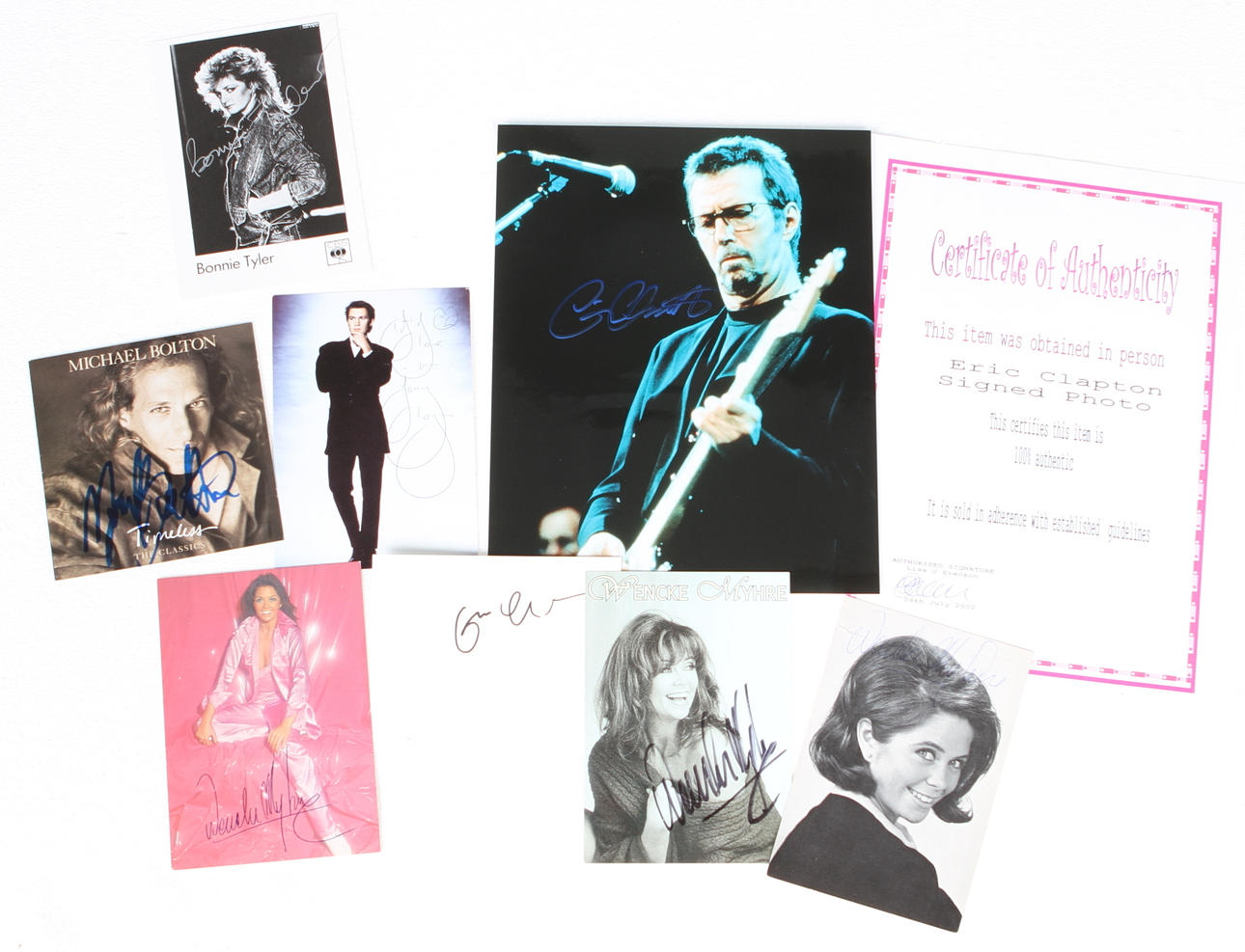 AUTOGRAFER, 8 stk, Eric Clapton x 2, Johnny Logan, Michael Bolton, Wencke Myhre (3 stk), Bonnie Tyler.