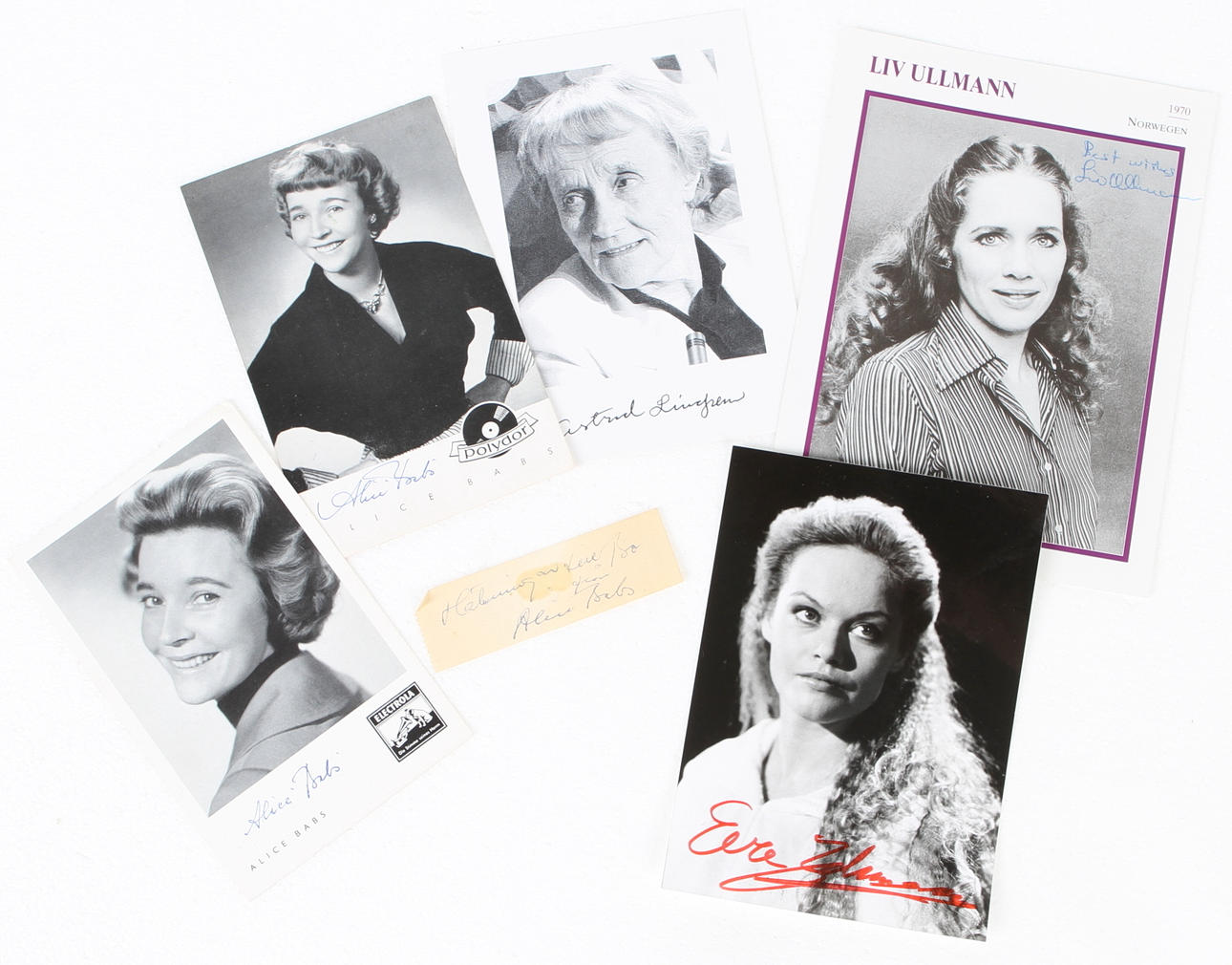 AUTOGRAFER, 6 st, Astrid Lindgren, Eva Johansson, Liv Ullman, Alice Babs (3 st).