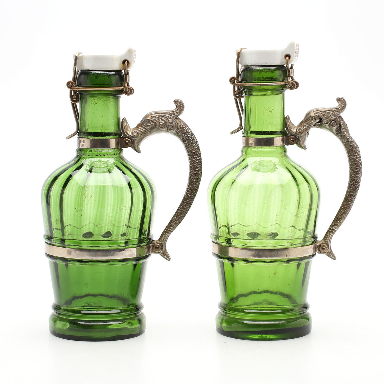 FLASKER, 2 stk, glas/blik, Glasindustrie Dresden.