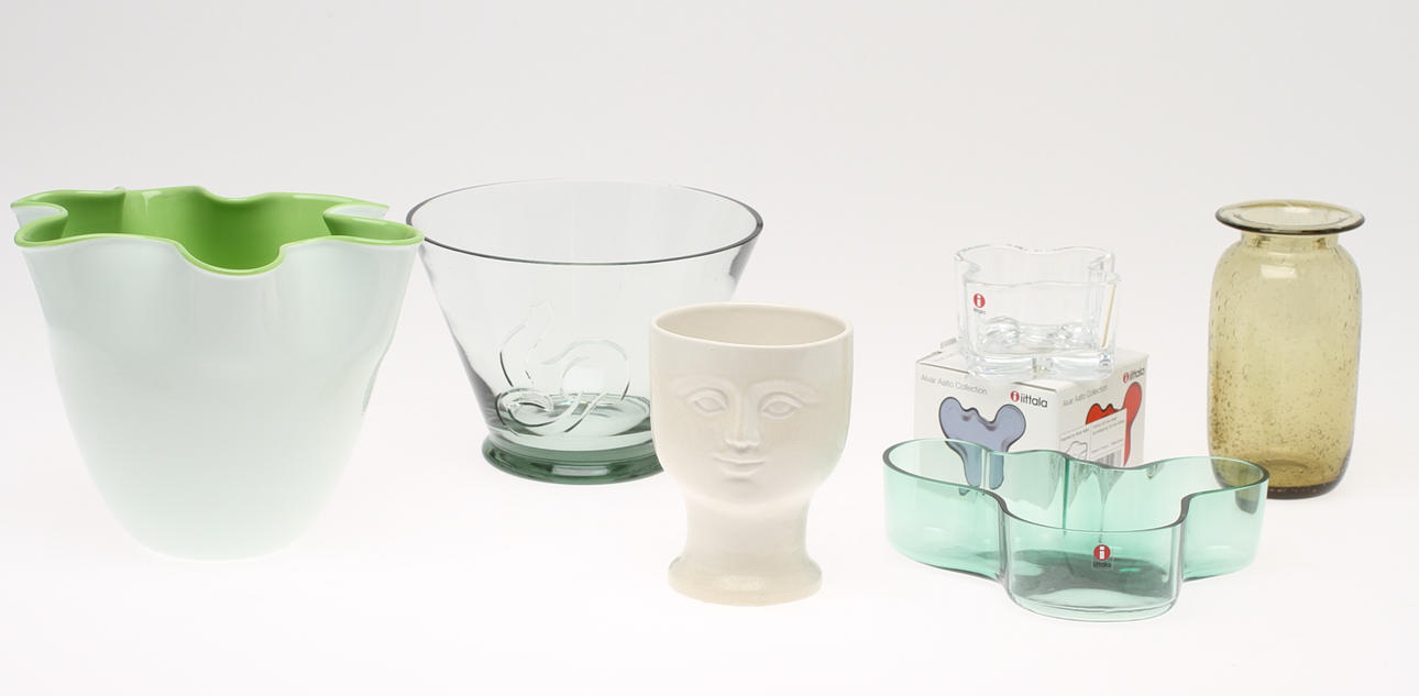 PARTI DIVERSE GLAS, 5 delar, bl a Alvar Aalto, Iittala samt VAS, keramik, Lisa Larson, Gustavsberg, 1900-tal.