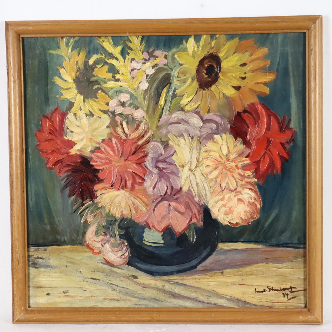 SCHUBERT, ERNST. Bodegón con flores, óleo sobre cartón.