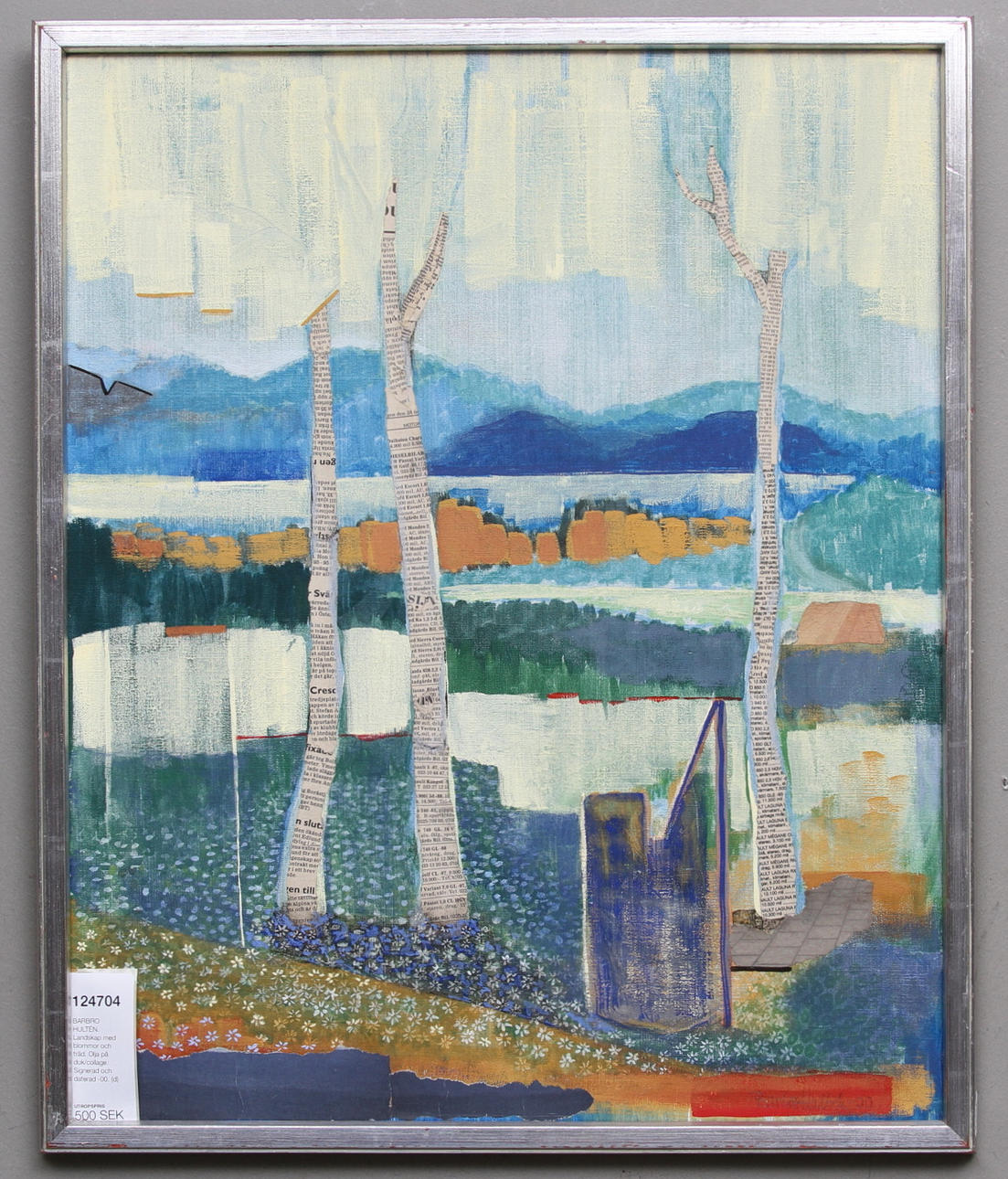 BARBRO HULTÉN. Landskap med blommor och träd. Olja på duk/collage. Signerad och daterad -00.