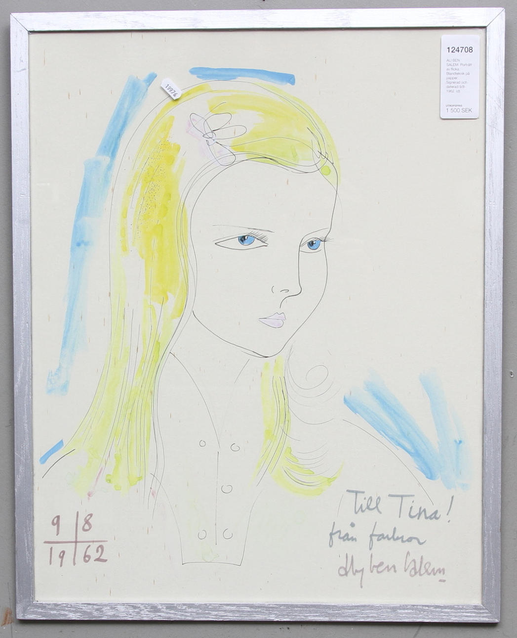 ALY BEN SALEM. Porträtt av flicka. Blandteknik på papper. Signerad och daterad 9/8-1962.