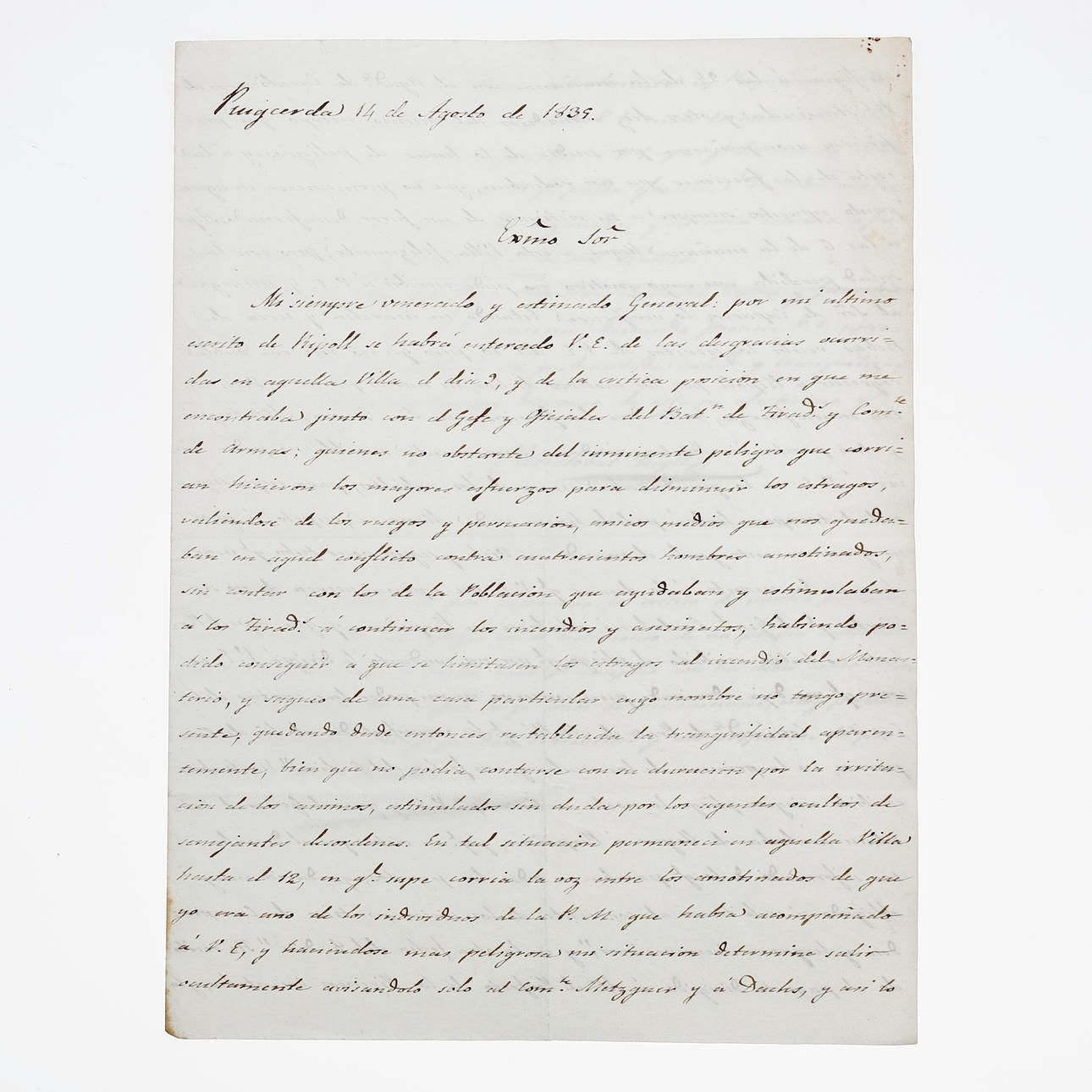 RIPOLL: FIRE IN THE MONASTERY, 1835. Letter from Cristóbal Tayll addressed to General Llauder.