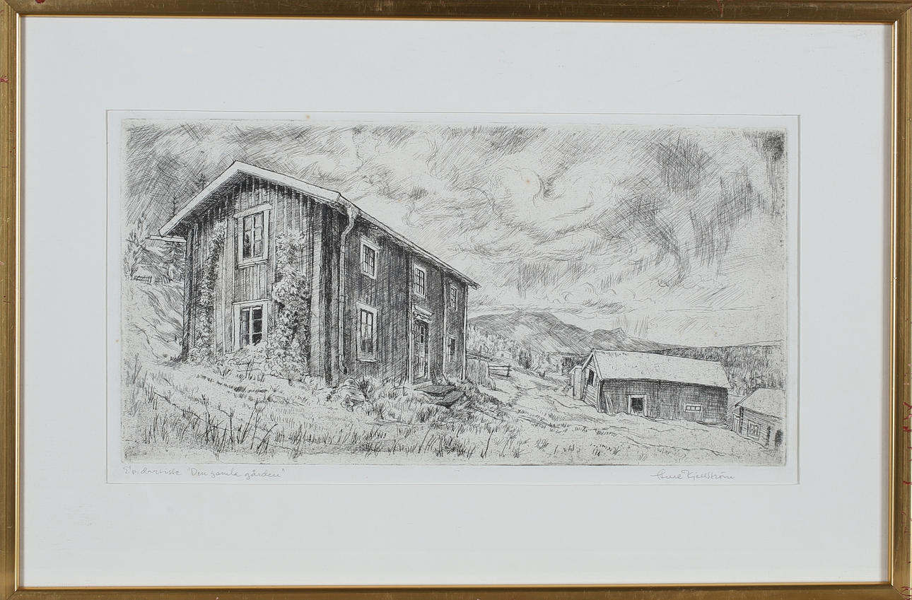 STURE KJELLSTRÖM. Etching, "The Old Farm", signed.
