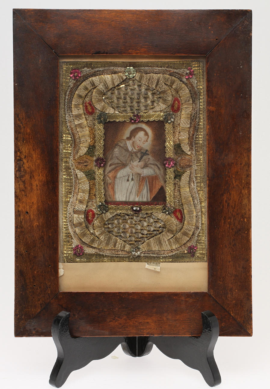 BRODERAD TAVLA, med teckning av helgon. Österrikiskt munkarbete, 17/1800-tal.