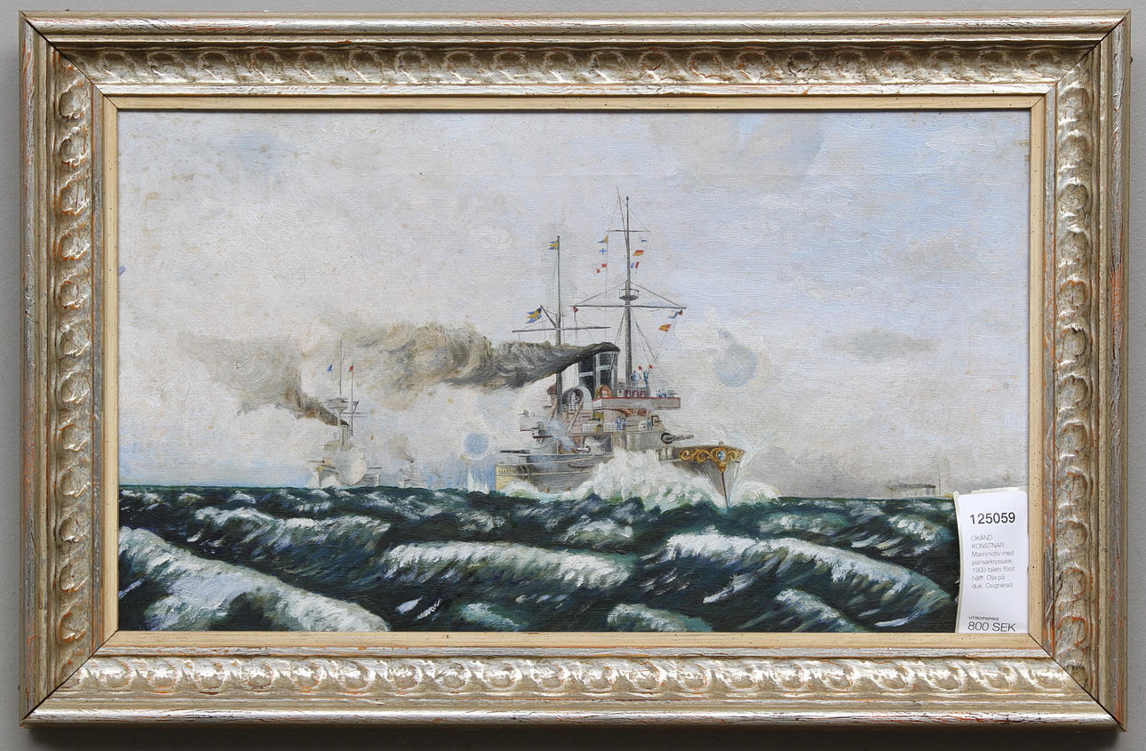 OKÄND KONSTNÄR. Marinmotiv med pansarkryssare. 1900-talets först hälft. Olja på duk. Osignerad.