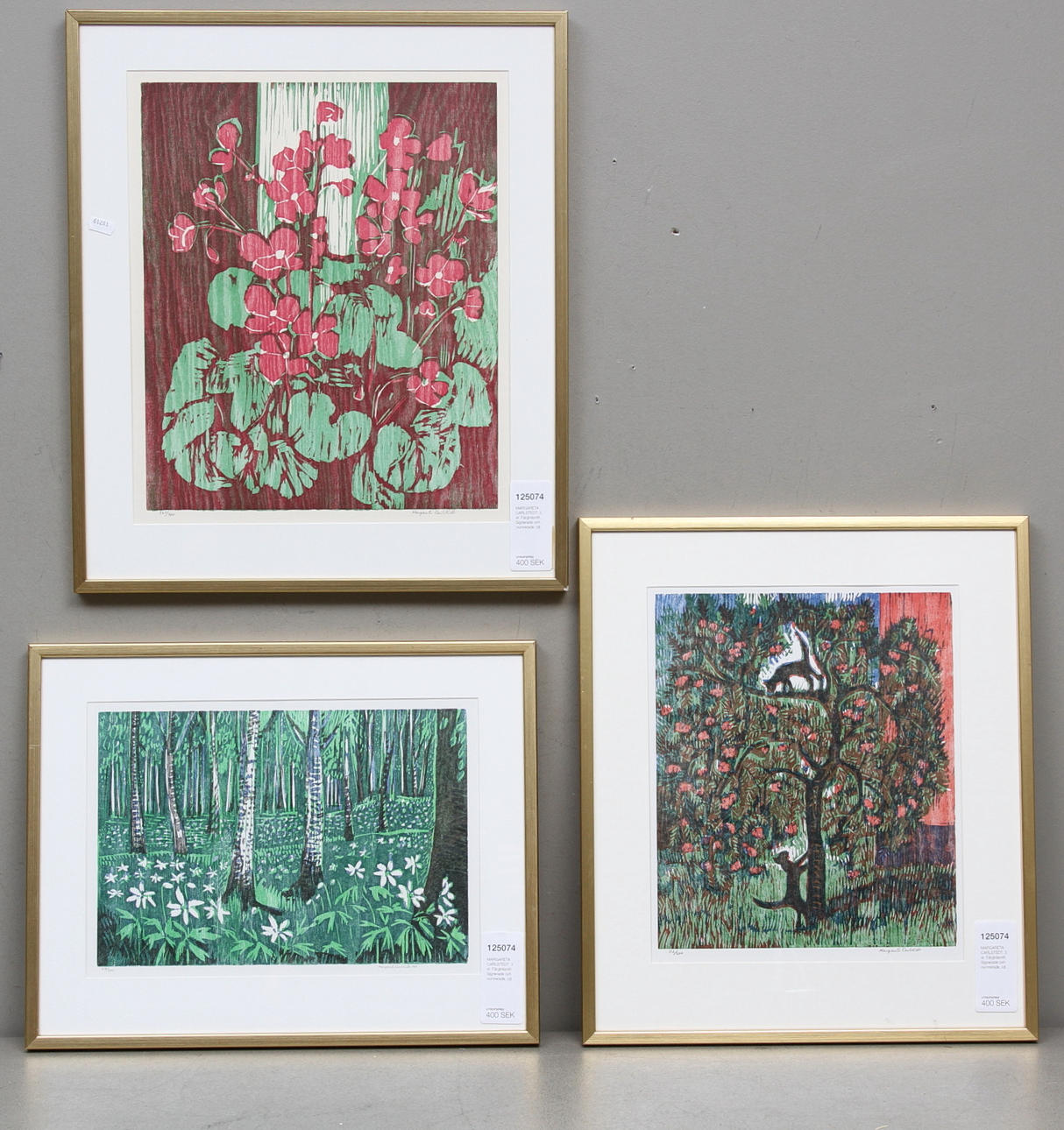 MARGARETA CARLSTEDT. 3 st. Färgträsnitt. Signerade och numrerade.