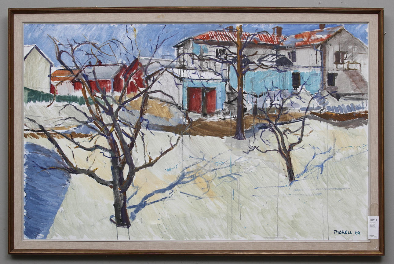PÄR THORELL. Hus och träd. Olja på duk. Signerad och daterad -69.