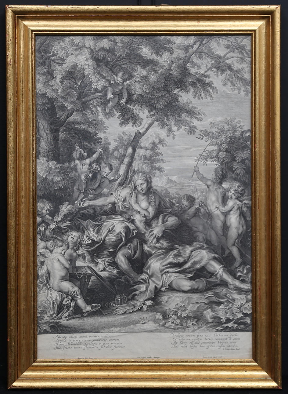 ANTHONY VAN DYCK. After. Rinaldo lying in the lap of Armida, who looks at herself in a mirror. Engraving, Petrus de Iode 1644.