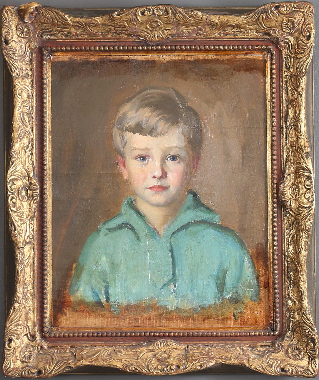 OKÄND KONSTNÄR, Olja på duk fäst på pannå, pojkmotiv, osignerad.