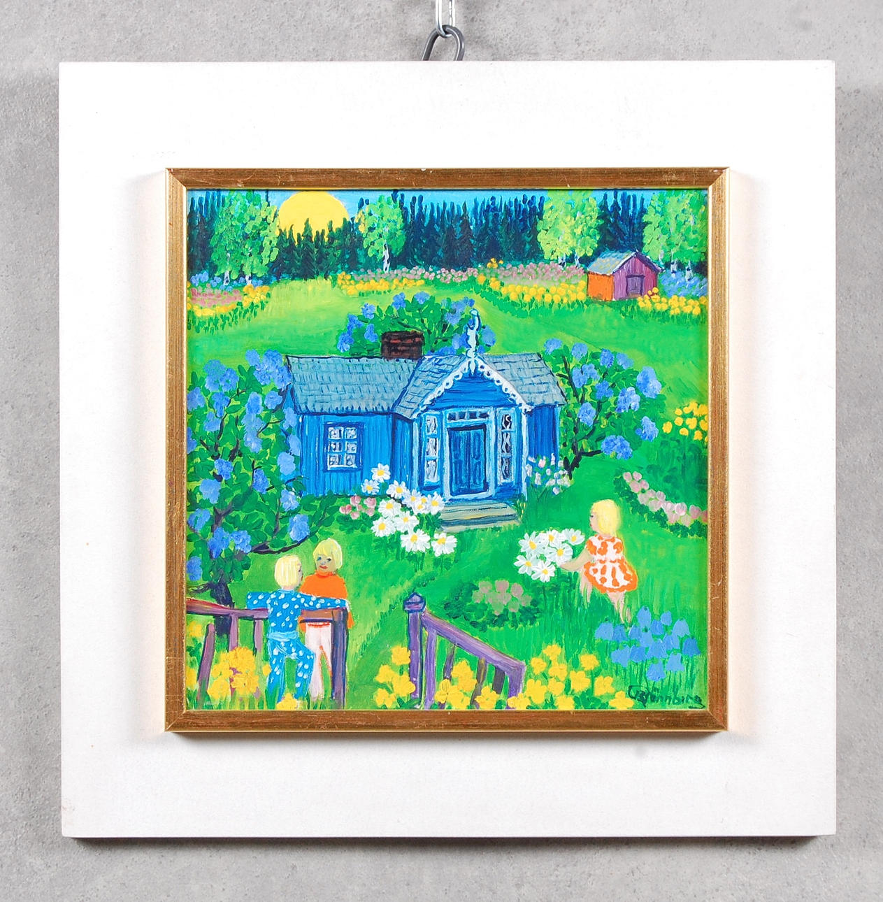 BEDA RÖNNBERG. olja på pannå, " Vid den lilla blå stugan " signerad , daterad- 75.