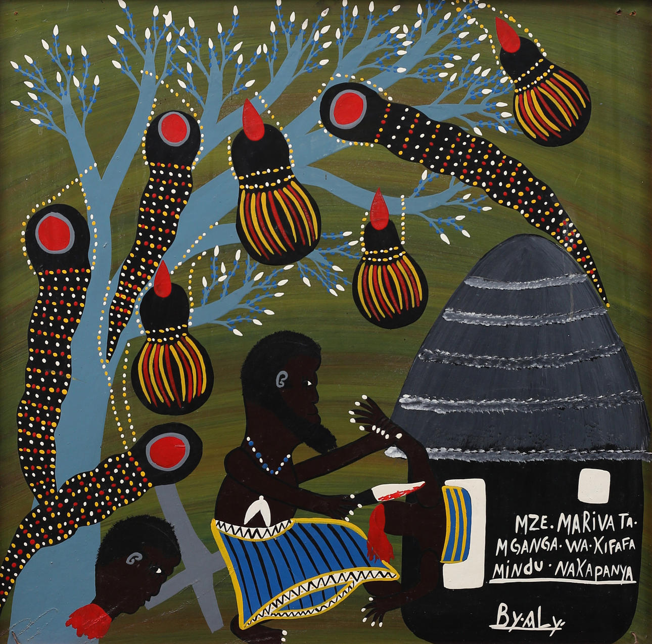 UIDENTIFICERET KUNSTNER "Tingatinga", cykellak på Panel, signeret af Aly.