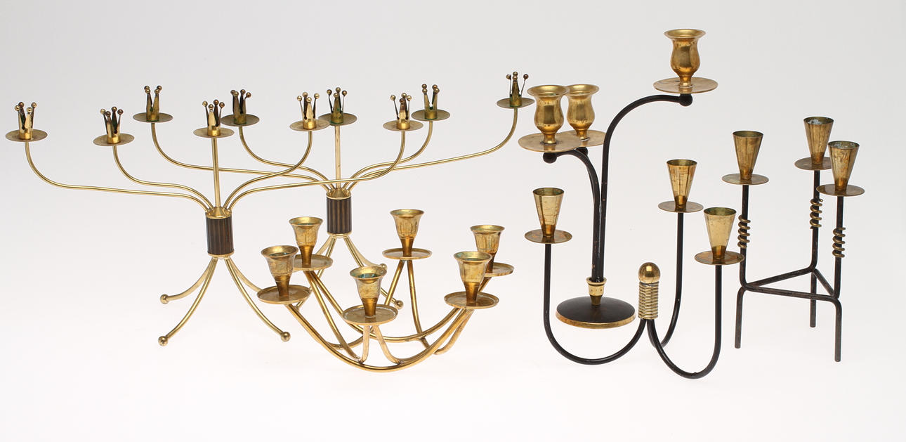 PARTI LJUSSTAKAR, 6 st, delvis mässing, 1900-tal.