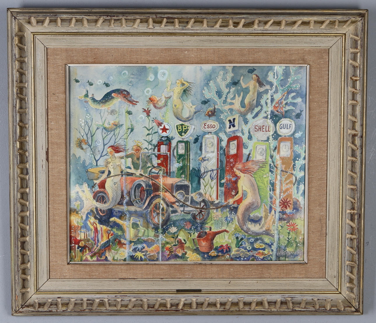 JOHN HAAVS-JOHNSON. Blandteknik, Sjöjungfrur och bensinpumpar, signerad samt daterad 49.