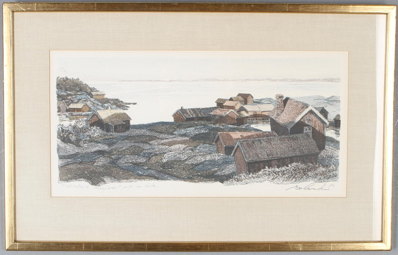 ROLAND SVENSSON. "Vinden mojnar", färglitografi, PT, signerad.