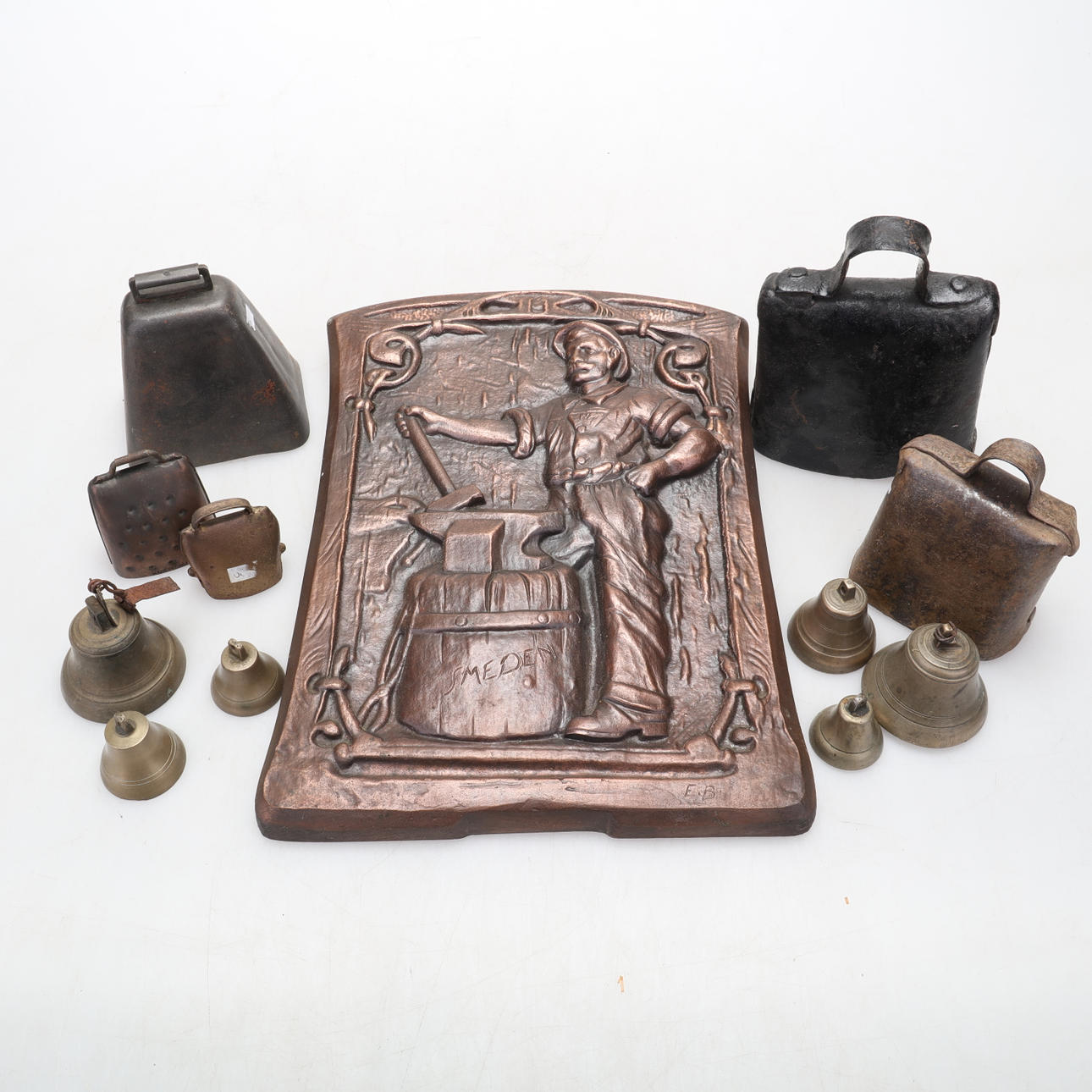 IRON OBJECTS, 12 parts, board and bells.