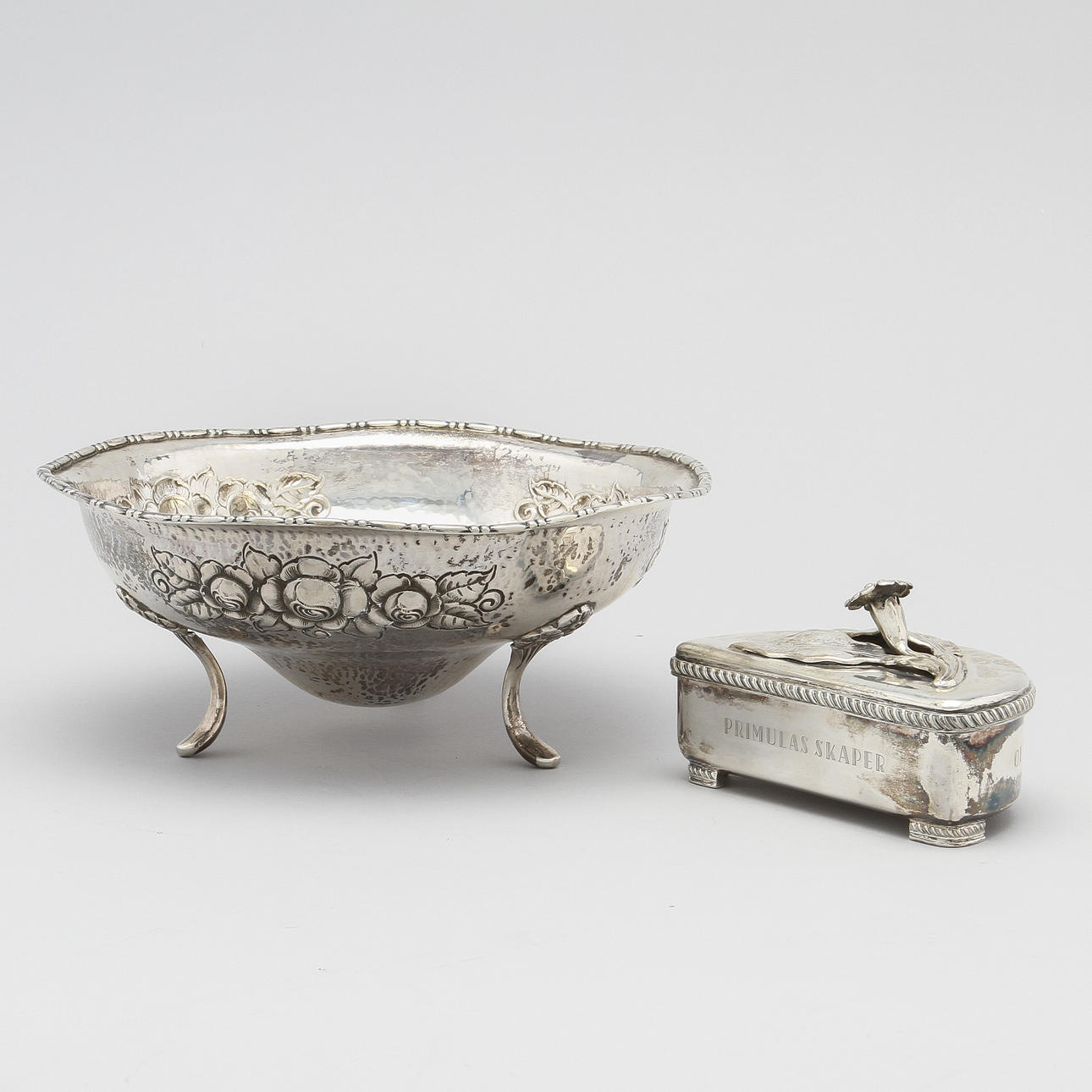 SKÅL SAMT ASK, silver, M Aase, Norge, ca 650 gram.