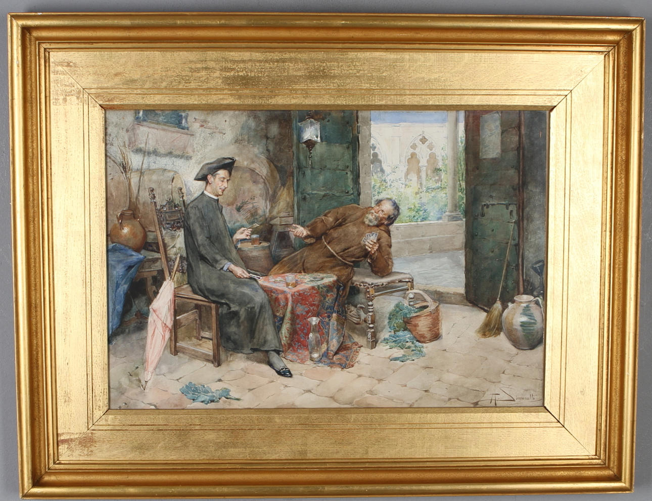 OKÄND KONSTNÄR. Kortspelare, akvarell, signerad A. Simonetti.