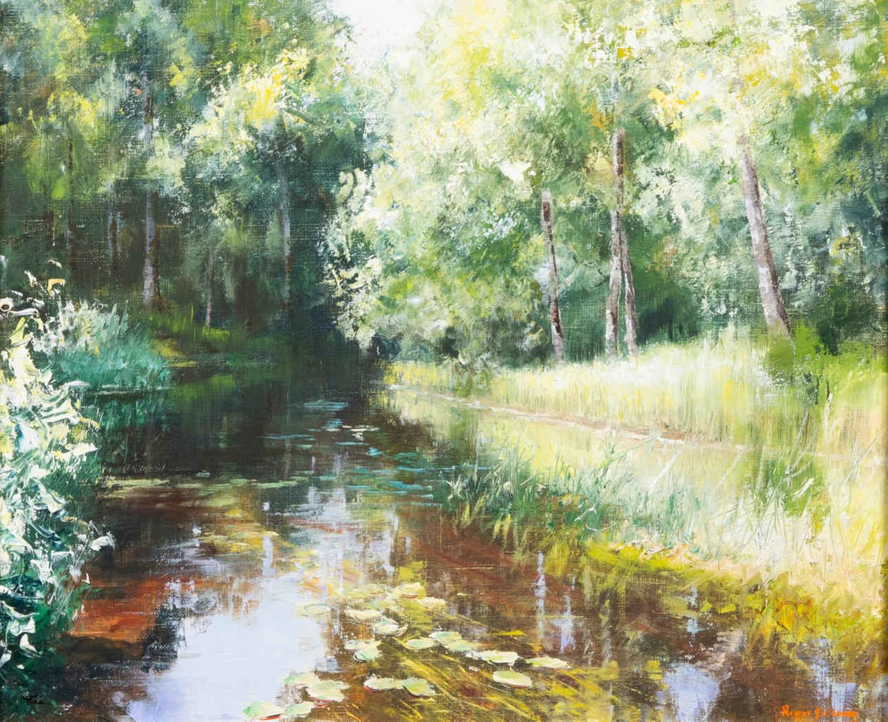 ROGER FÄLLMAN. Woodland with watercourse, oil on canvas, signed.