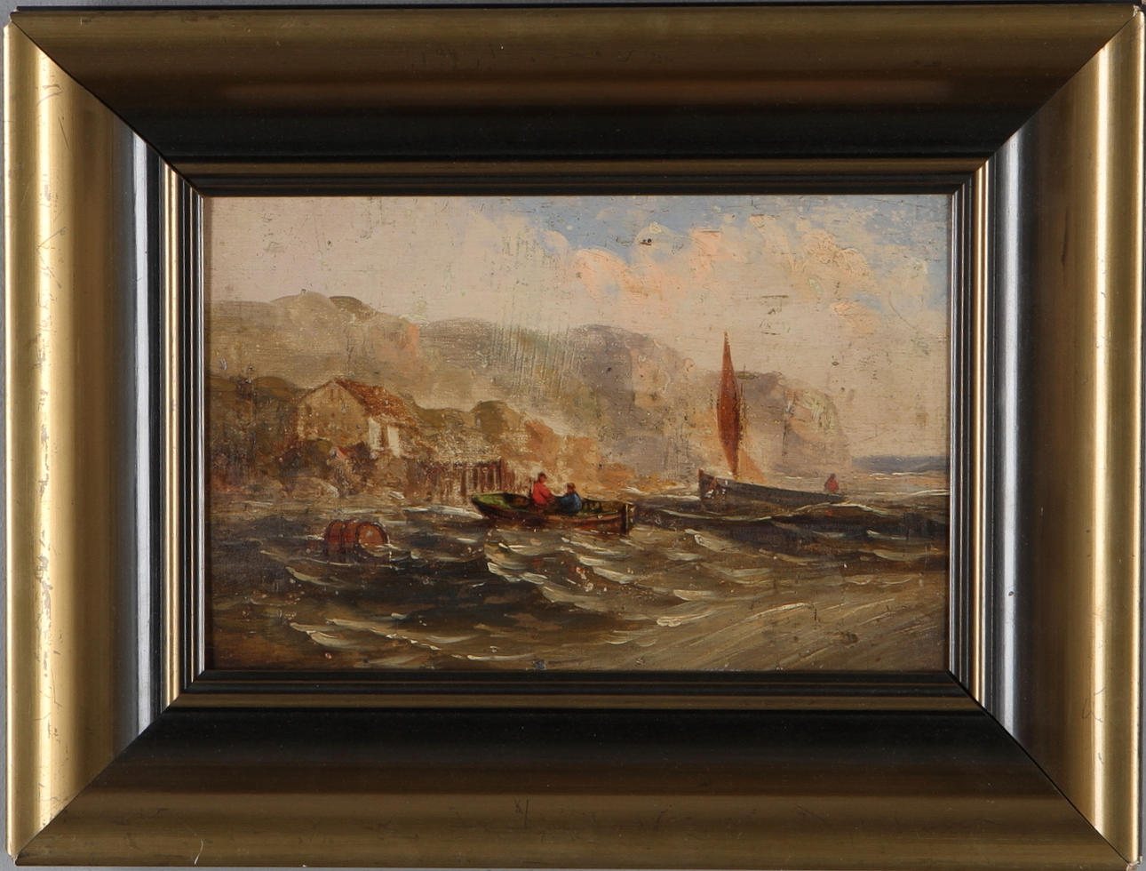 OKÄND KONSTNÄR. Båtar vid kust, olja på pannå, osignerad, 1800-tal.