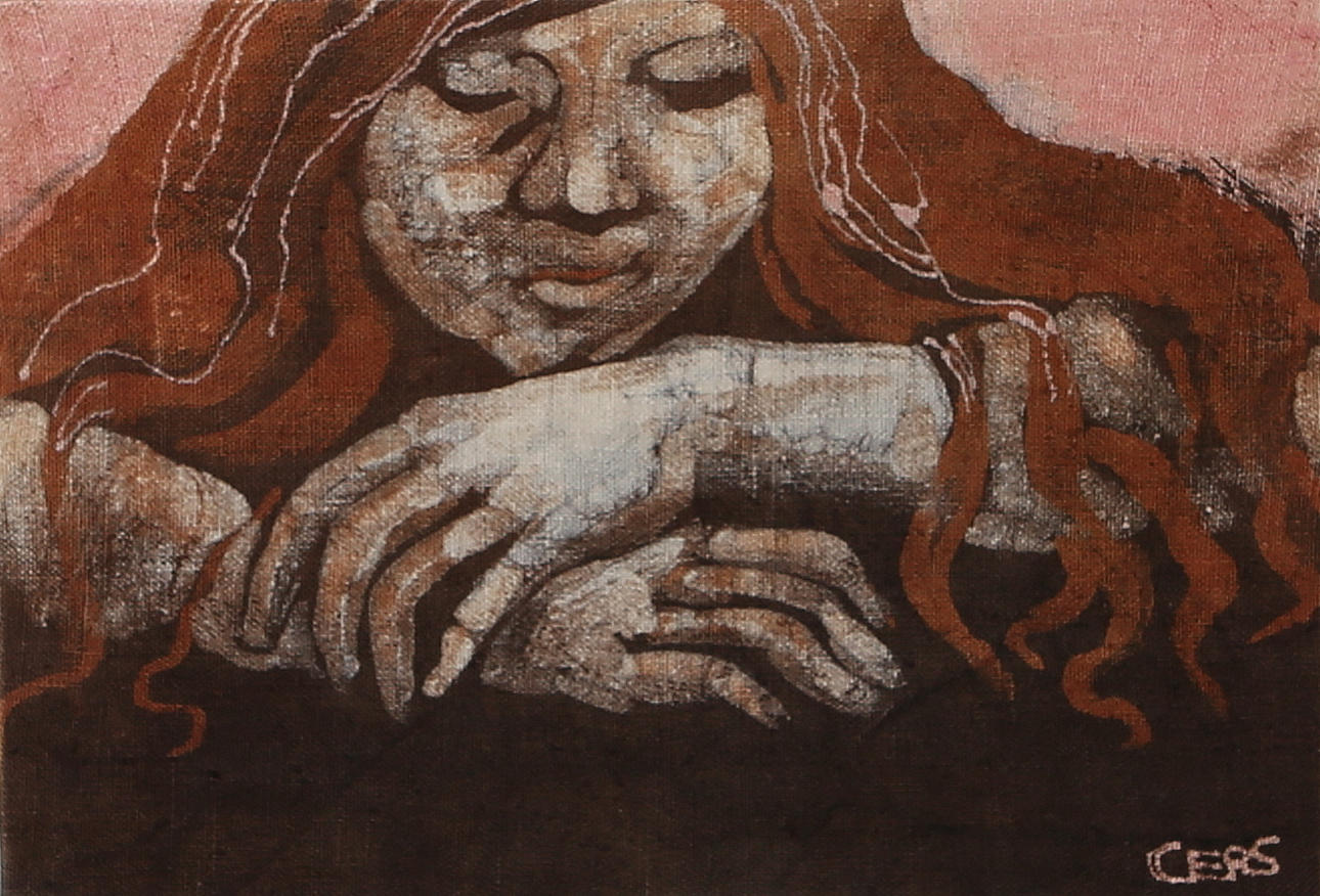 EDNA CERS. Kvinnorstudie, batik, signerad.