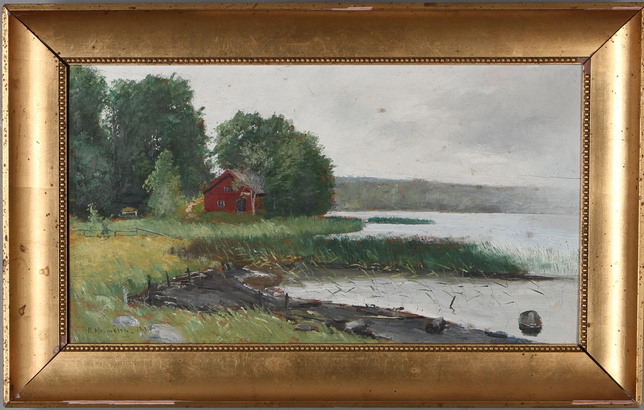 OLOF HERMELIN. Stuga vid vatten, olja på pannå, signerad och otydligt daterad.
