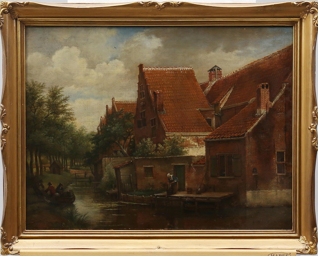 UNBEKANNTER MALER. Utsikt över en holländsk by med människor vid en bäck. 1800-tal.