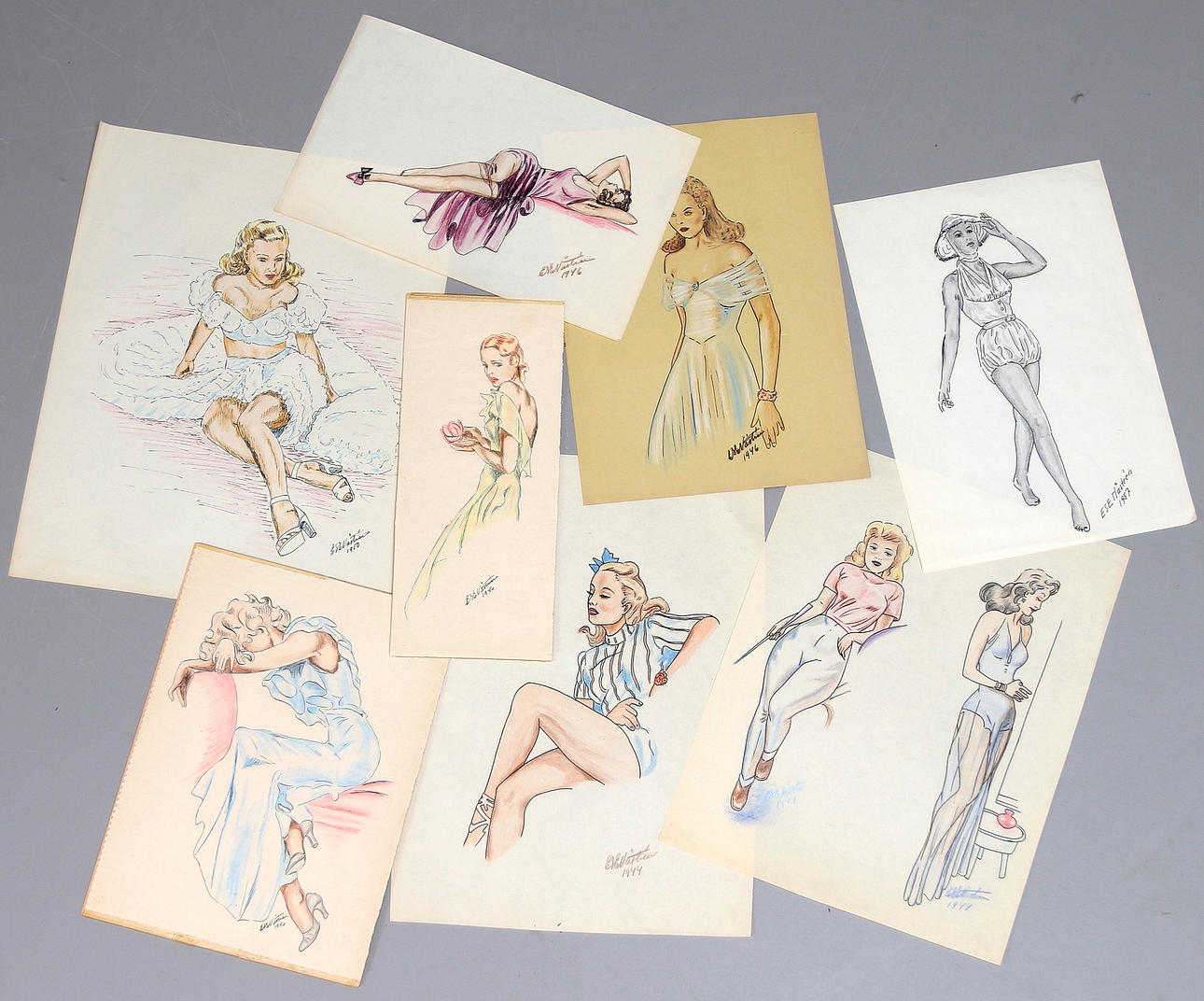 OKÄND KONSTNÄR. Pastell och tusch på papper, 8 st, signerad Ese Nästren, 1940/50-tal.