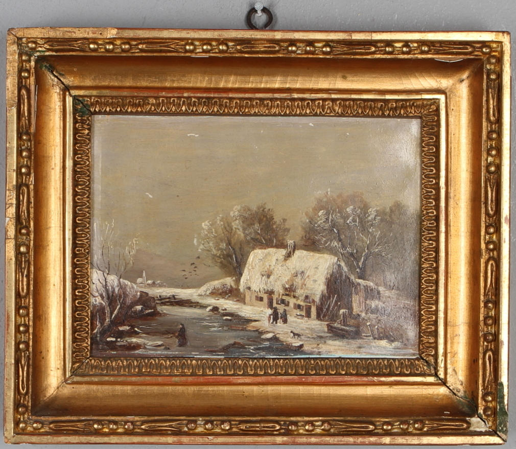 OKÄND KONSTNÄR. Vintermotiv med hus, olja på papp, osignerad.