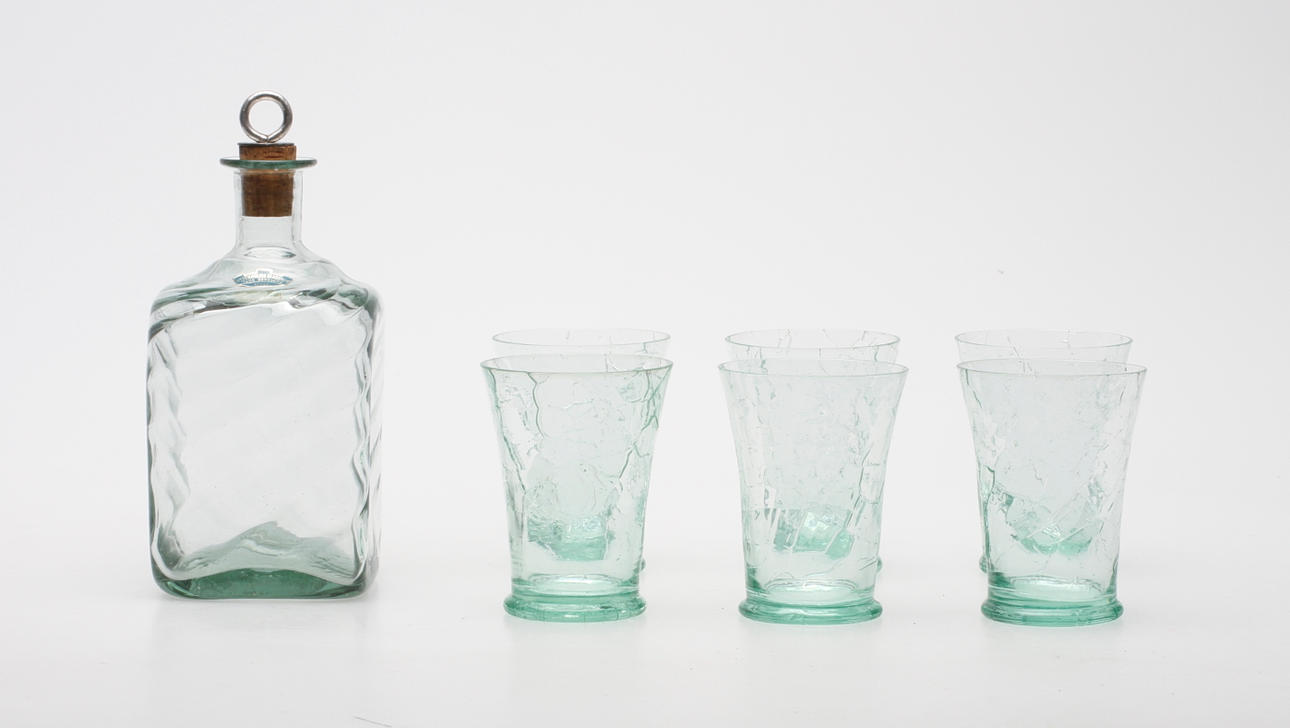 KARAFF samt 6 GLAS, Ture Berglund, Stockholms Glasbruk, 1900-tal.