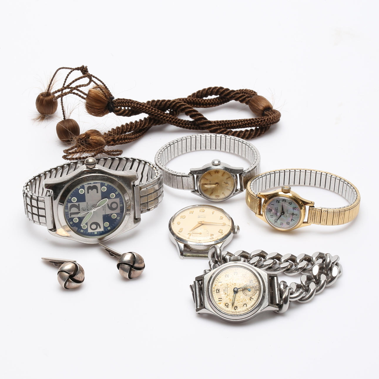 WRISTWATCH, CUFFLINKS AND HAIRWORK.