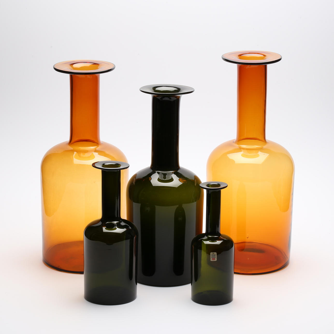 FLASKER, 5 stk, Holmegaard, Otto Brauer, Danmark.