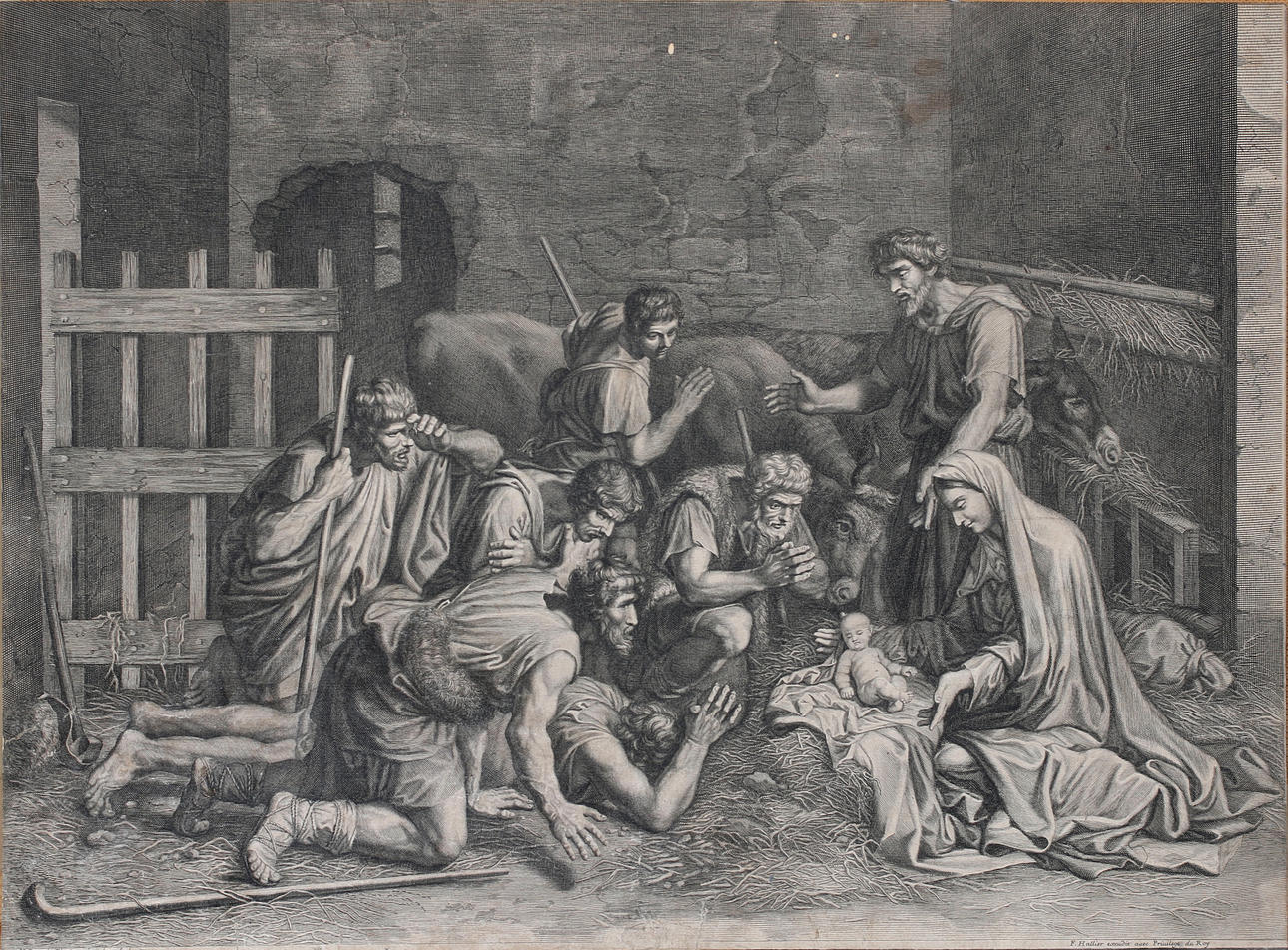 NICOLAS POUSSIN. EFTER. Jesusbarnet i krubban, kopparstick.