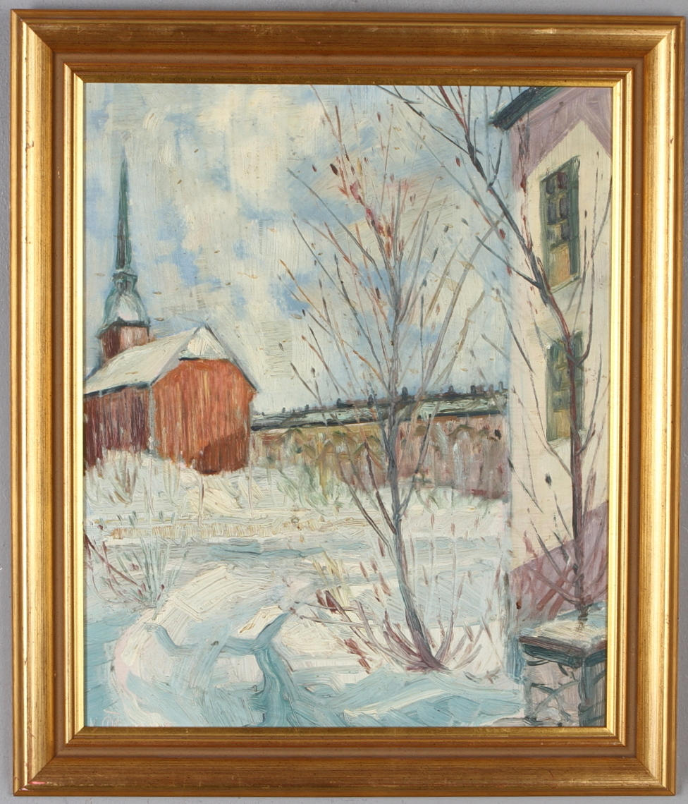 NILS ÖBERG. Allhelgonakyrkan, Helgalunden, Södermalm olja på pannå, signerad.