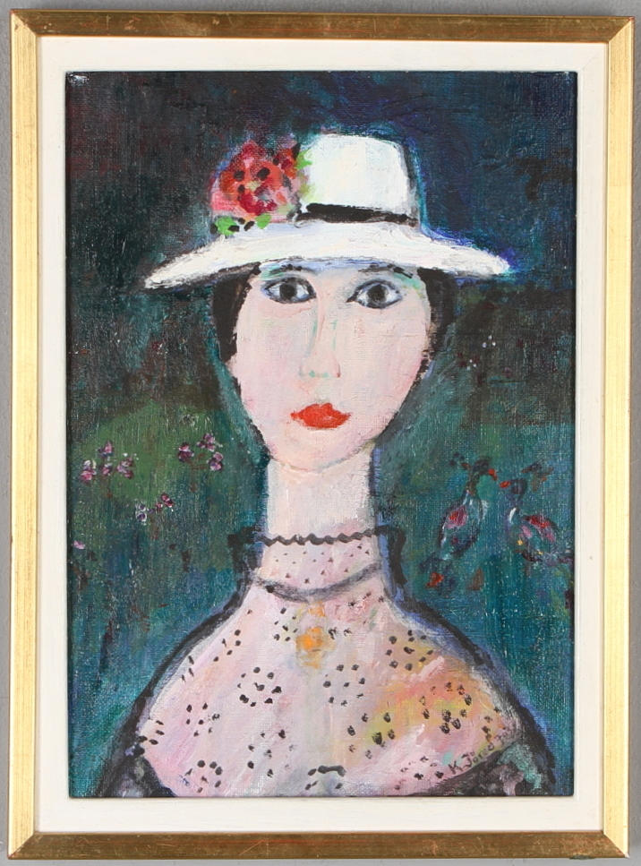 KRISTINA JÖRED. "Den vita hatten", olja på pannå, signerad samt otydlig datering.