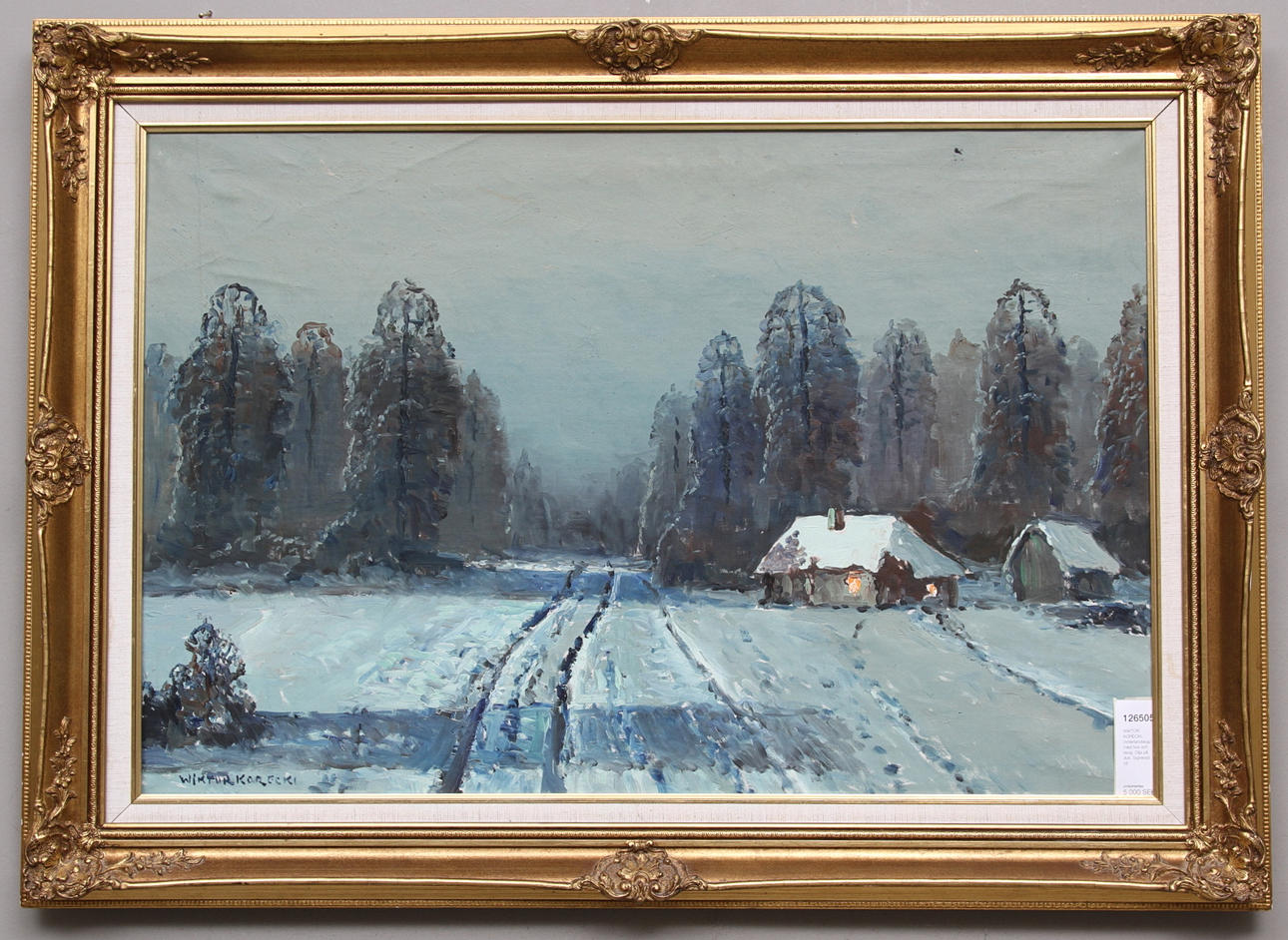 WIKTOR KORECKI. Polen, (1890-1980). Vinterlandskap med hus och skog. Olja på duk. Signerad.