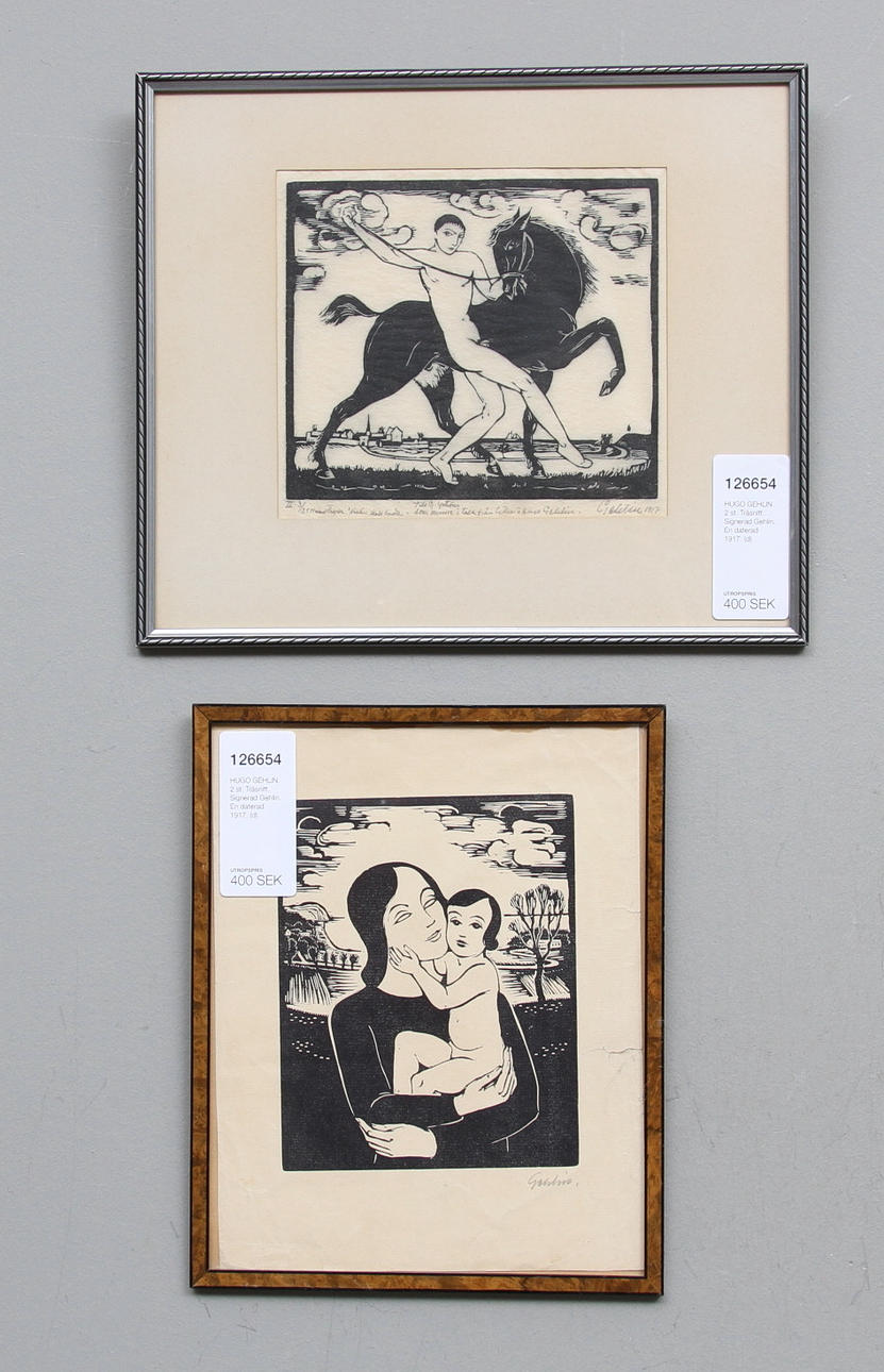 HUGO GEHLIN. 2 st. Träsnitt. Signerad Gehlin. En daterad 1917.