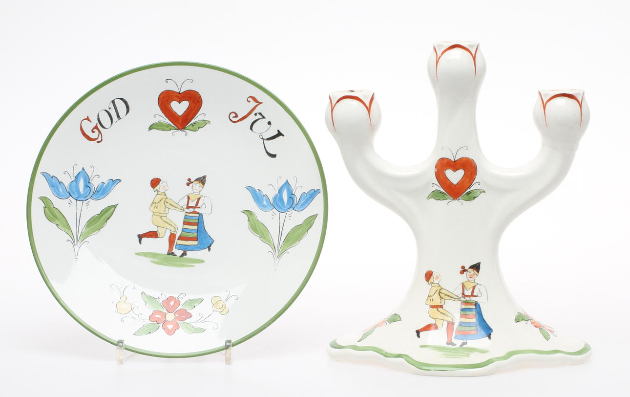 KANDELABER och TALLRIK, flintgods, "Daldansen", Rörstrand.